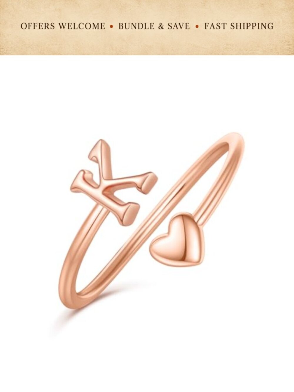 Gold Plated Heart Initial Ring Adjustable Stackable Letter Ring Gift